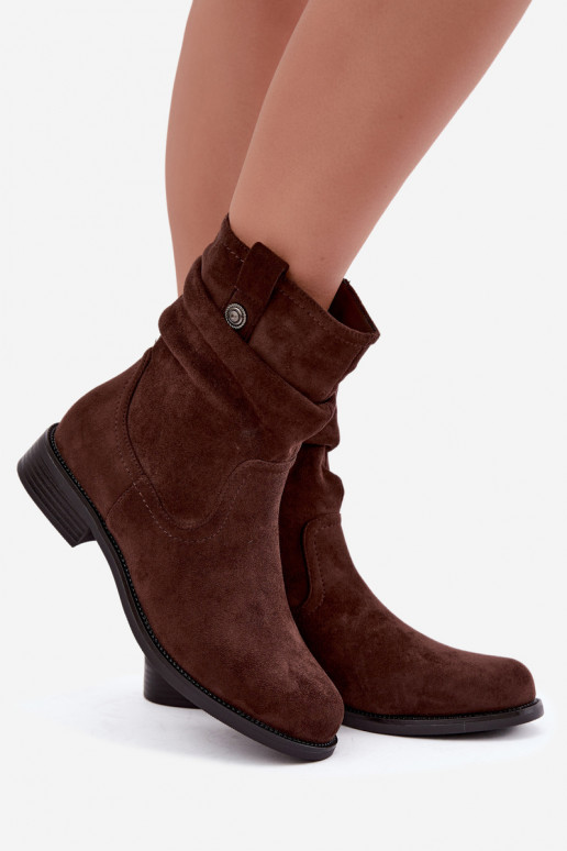 Geïsoleerde enkellaarsjes met ruches en brede hakken S.Barski HY62-8102 in chocolade kleur