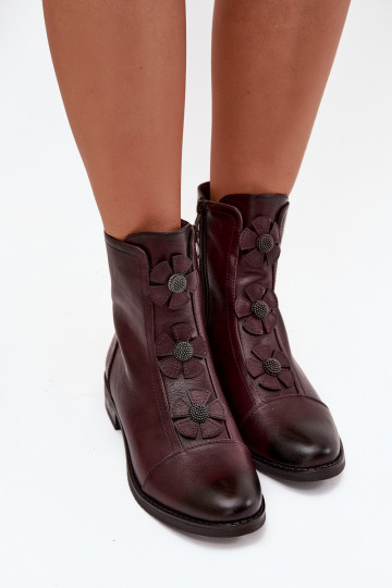 Warme dames enkellaarsjes met brede hakken en bloemmotieven in bordeaux Pravienne
