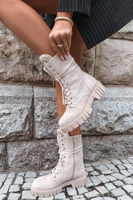 Sandkleurige faux suede enkellaarsjes met versieringen Tai turirx