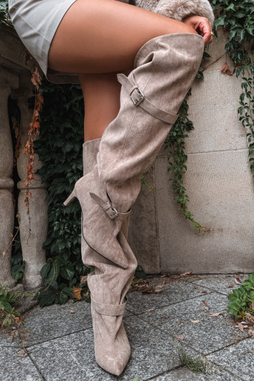 Over-the-knee hakken laarzen met riemen en gespen in zandkleur Tai turibel 2