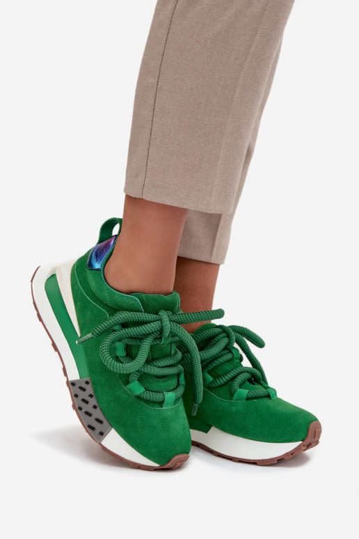 Faux suede dames sneakers met platform en dikke veters in groen Artiker 55C0136