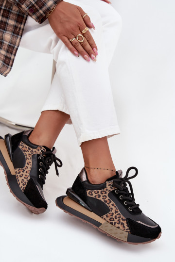 Leren dames sneakers met platform en luipaardprint in zwart Artiker 55C0134