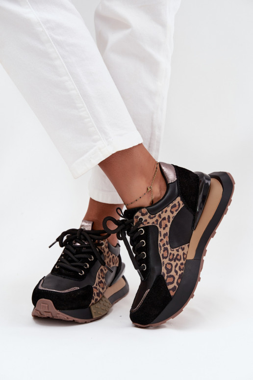 Leren dames sneakers met platform en luipaardprint in zwart Artiker 55C0134