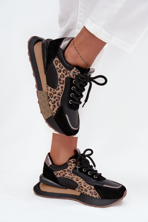 Leren dames sneakers met platform en luipaardprint in zwart Artiker 55C0134