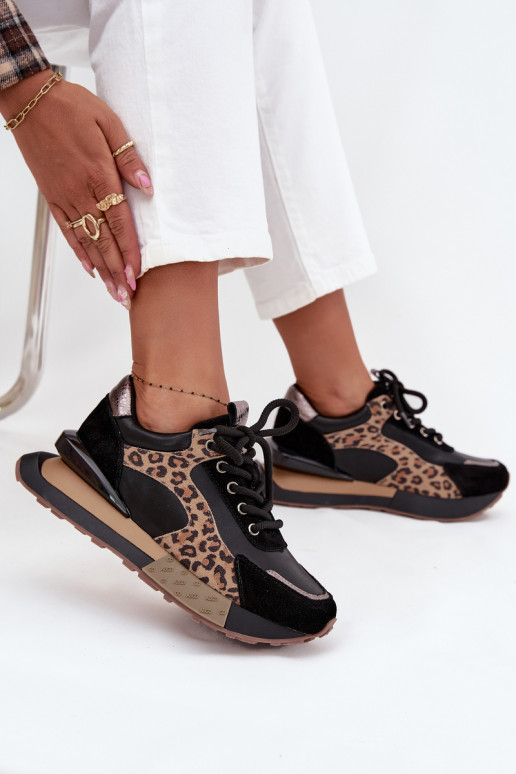Leren dames sneakers met platform en luipaardprint in zwart Artiker 55C0134