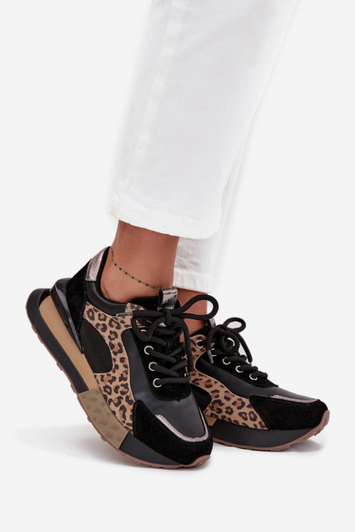 Leren dames sneakers met platform en luipaardprint in zwart Artiker 55C0134
