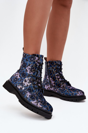Warme dames enkellaarsjes met bloemen in donkerblauw Artiker 57C1052 2