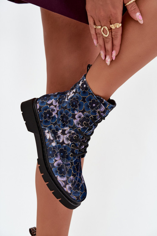 Warme dames enkellaarsjes met bloemen in donkerblauw Artiker 57C1052