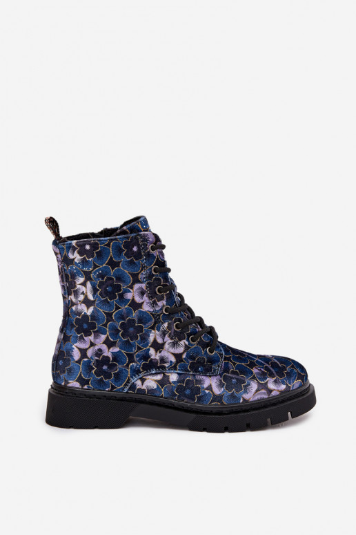 Warme dames enkellaarsjes met bloemen in donkerblauw Artiker 57C1052