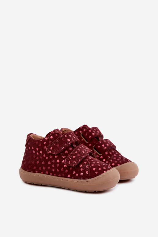 Bordeauxkleurige kindersuède schoenen Barefoot met hartjes Froddo G2130328-66
