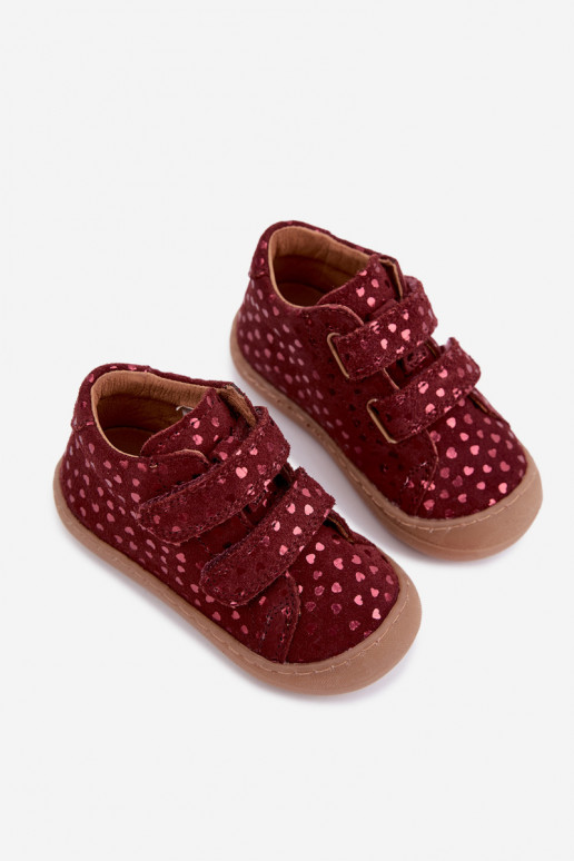 Bordeauxkleurige kindersuède schoenen Barefoot met hartjes Froddo G2130328-66