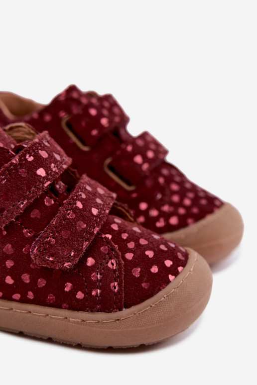 Bordeauxkleurige kindersuède schoenen Barefoot met hartjes Froddo G2130328-66
