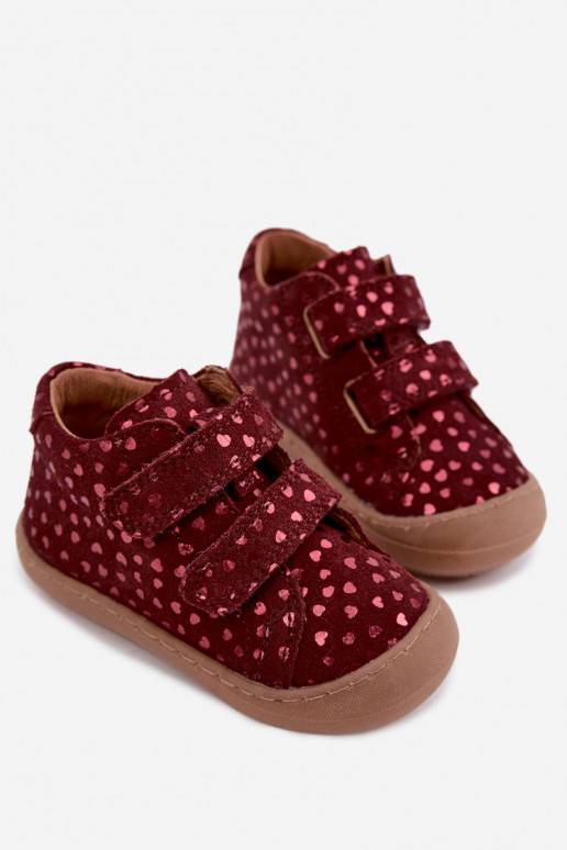 Bordeauxkleurige kindersuède schoenen Barefoot met hartjes Froddo G2130328-66