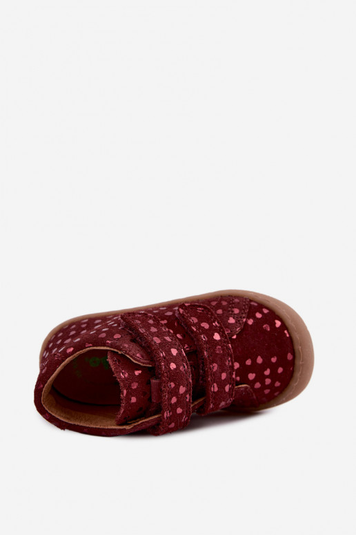 Bordeauxkleurige kindersuède schoenen Barefoot met hartjes Froddo G2130328-66