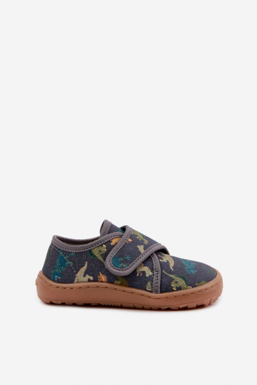 Kinderslippers voor jongens met klittenbandsluitingen Barefoot Dinozaurai Froddo G1700438-26 in grijs