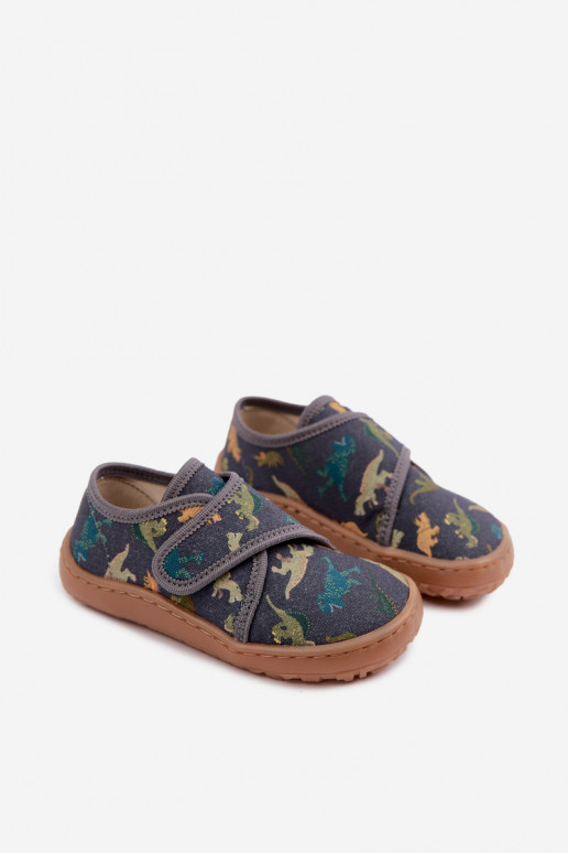 Kinderslippers voor jongens met klittenbandsluitingen Barefoot Dinozaurai Froddo G1700438-26 in grijs