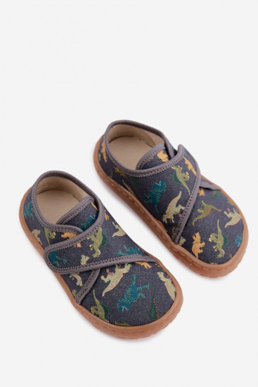 Kinderslippers voor jongens met klittenbandsluitingen Barefoot Dinozaurai Froddo G1700438-26 in grijs
