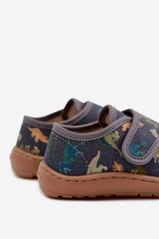 Kinderslippers voor jongens met klittenbandsluitingen Barefoot Dinozaurai Froddo G1700438-26 in grijs
