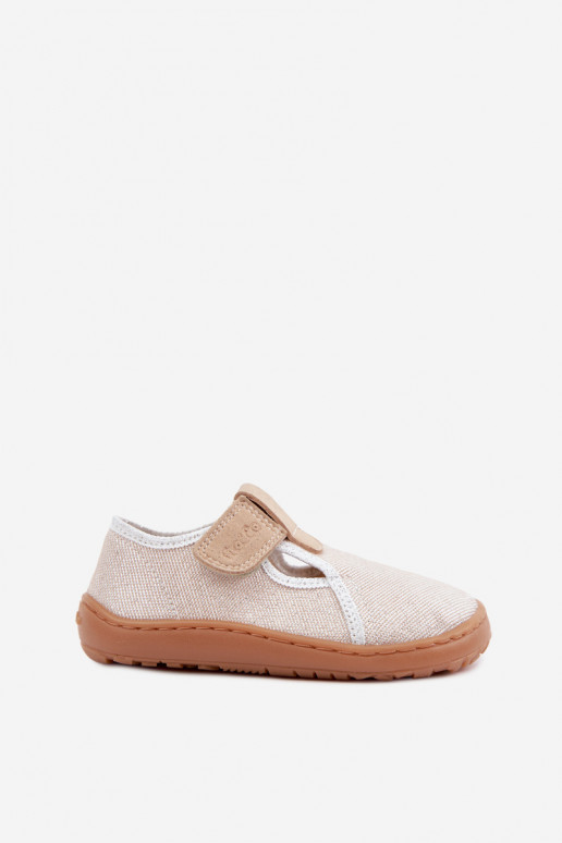Kinderslippers met klittenbandsluitingen en glans Barefoot Froddo Canvas G1700439-3 in goud