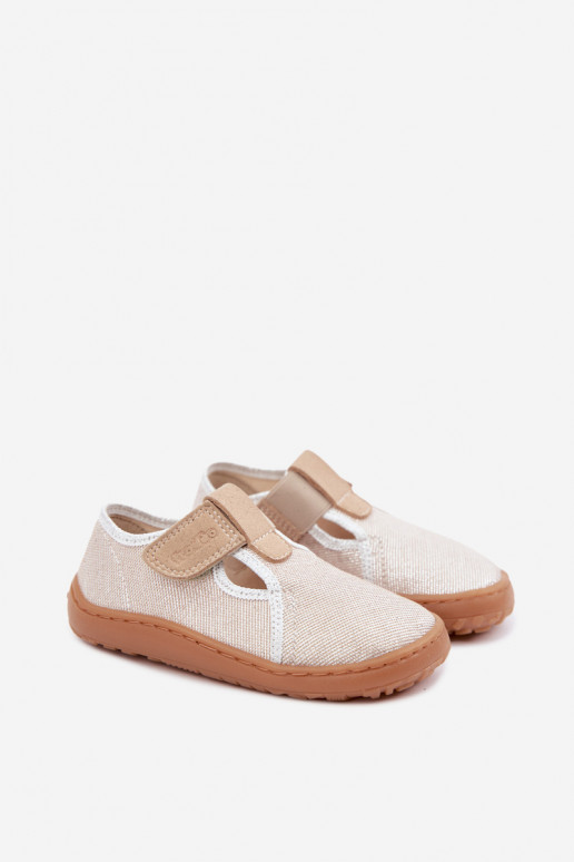 Kinderslippers met klittenbandsluitingen en glans Barefoot Froddo Canvas G1700439-3 in goud