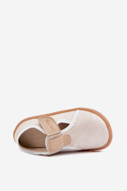 Kinderslippers met klittenbandsluitingen en glans Barefoot Froddo Canvas G1700439-3 in goud