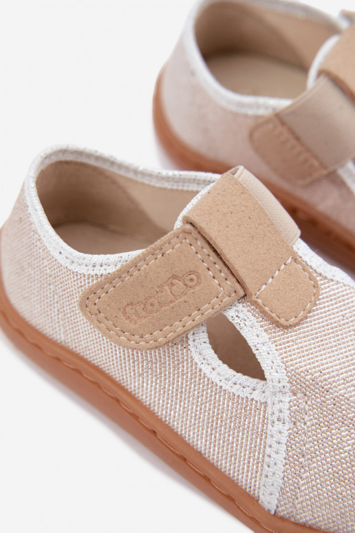Kinderslippers met klittenbandsluitingen en glans Barefoot Froddo Canvas G1700439-3 in goud