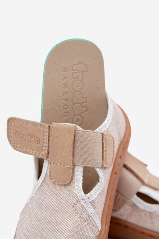 Kinderslippers met klittenbandsluitingen en glans Barefoot Froddo Canvas G1700439-3 in goud