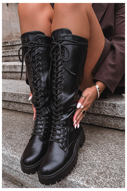 Dames lange laarzen met veters en platform, zwart Jalira