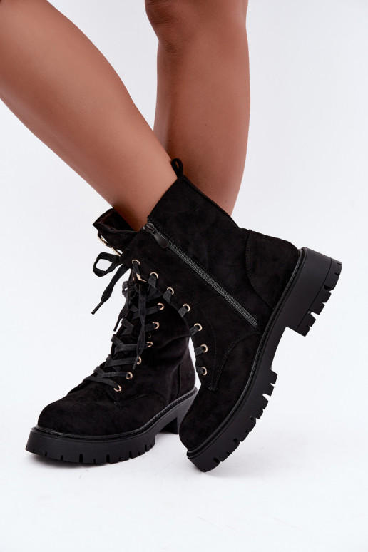 Warme dames enkellaarsjes met suede ornamenten, zwart Falira