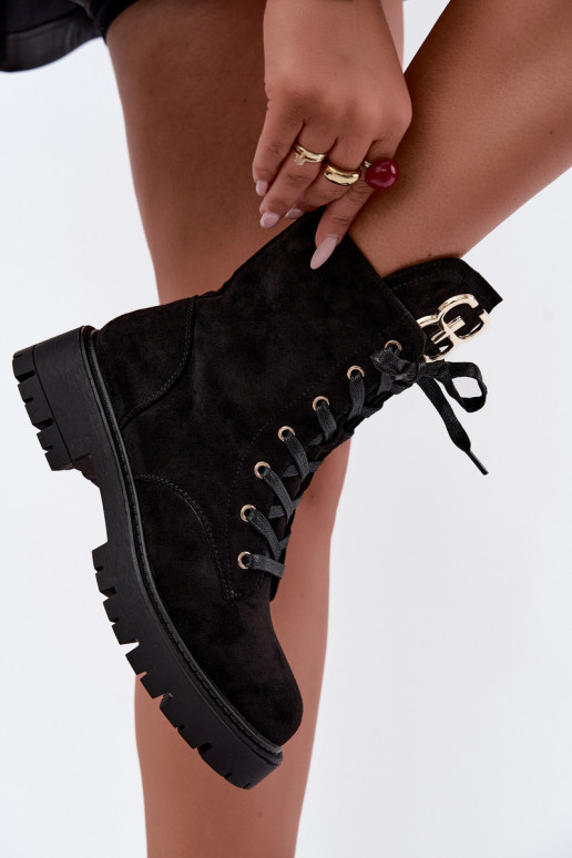 Warme dames enkellaarsjes met suede ornamenten, zwart Falira