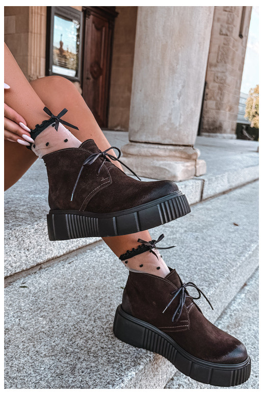 Leren dames warme schoenen van faux suede met platform in bruin Zazoo 60588