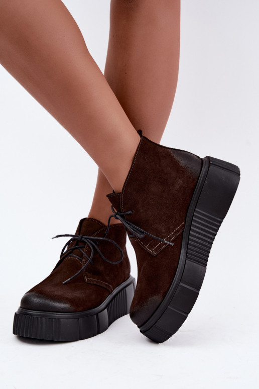 Leren dames warme schoenen van faux suede met platform in bruin Zazoo 60588