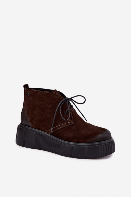 Leren dames warme schoenen van faux suede met platform in bruin Zazoo 60588