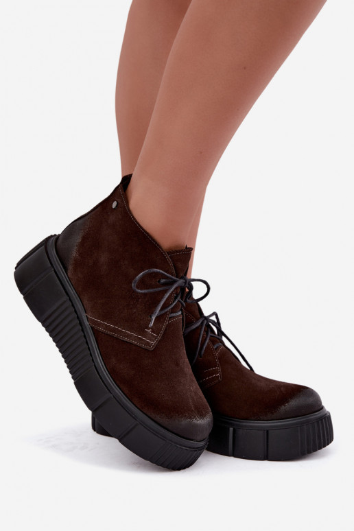 Leren dames warme schoenen van faux suede met platform in bruin Zazoo 60588