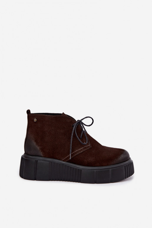 Leren dames warme schoenen van faux suede met platform in bruin Zazoo 60588