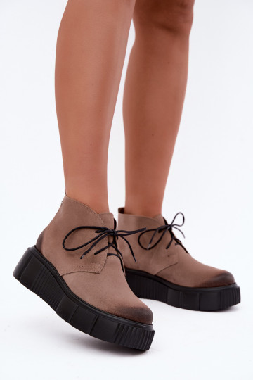 Leren dames warme schoenen van faux suede met platform in zandkleur Zazoo 60588