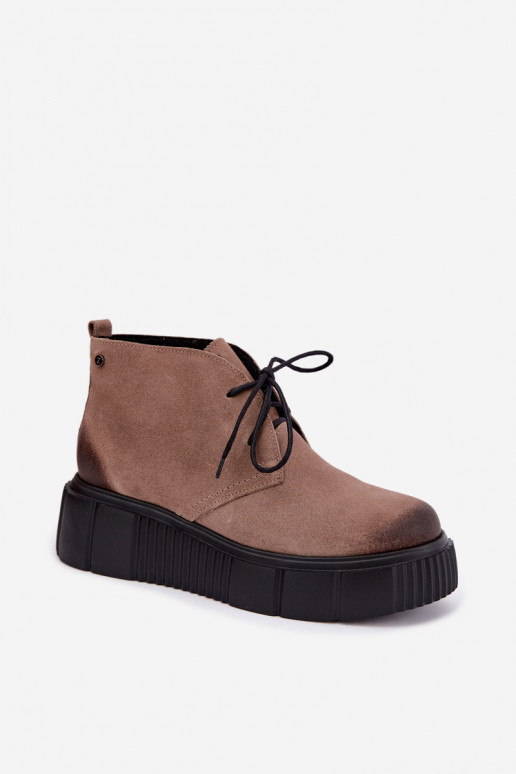 Leren dames warme schoenen van faux suede met platform in zandkleur Zazoo 60588