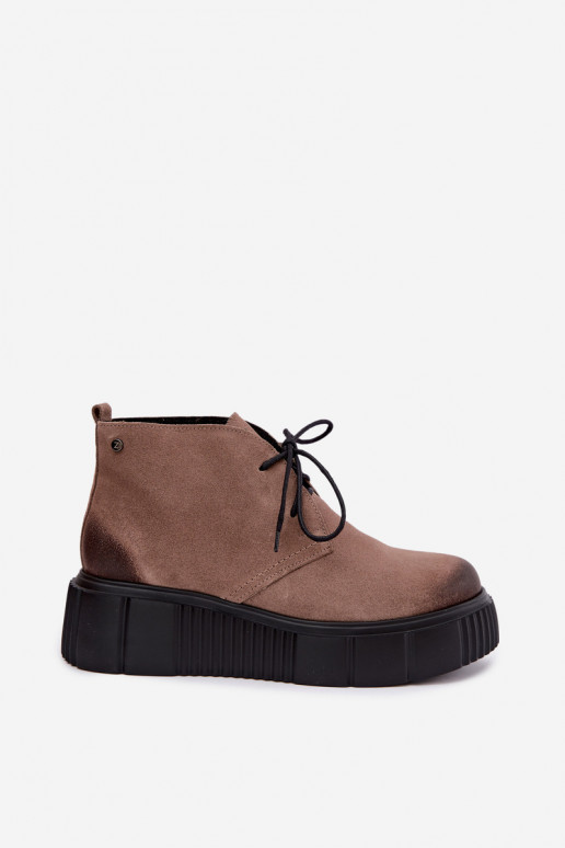 Leren dames warme schoenen van faux suede met platform in zandkleur Zazoo 60588