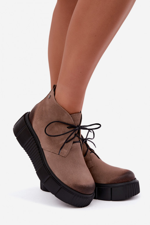 Leren dames warme schoenen van faux suede met platform in zandkleur Zazoo 60588