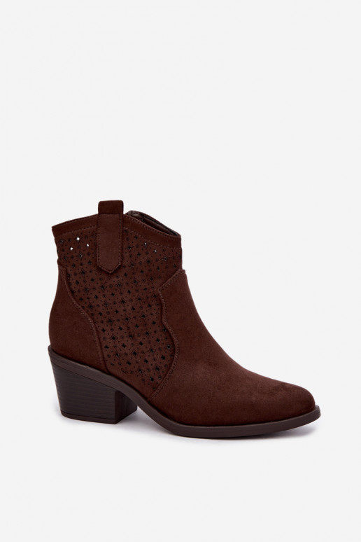 Cowboy-enkellaarsjes met hakken en ażurowymi elementami S.Barski HY62-8149 chocolade