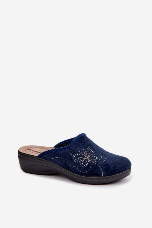 Donkerblauwe dameslippers met geborduurde vlinders Inblu LY000119