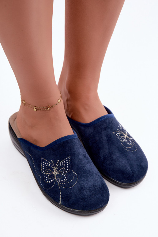Donkerblauwe dameslippers met geborduurde vlinders Inblu LY000119
