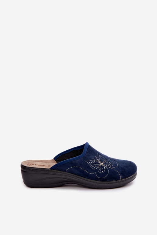 Donkerblauwe dameslippers met geborduurde vlinders Inblu LY000119
