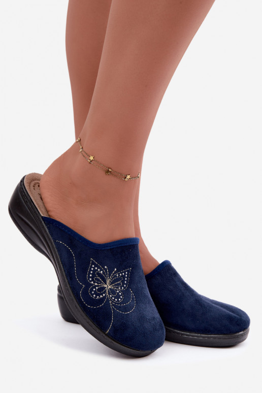 Donkerblauwe dameslippers met geborduurde vlinders Inblu LY000119