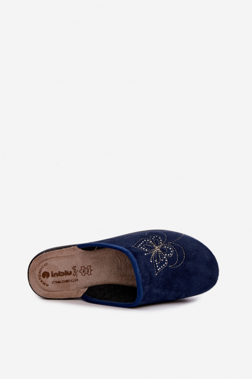 Donkerblauwe dameslippers met geborduurde vlinders Inblu LY000119