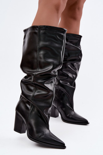 Instap kniehoog laarzen met hakken en rimpels in faux leather in zwart Jensy 2