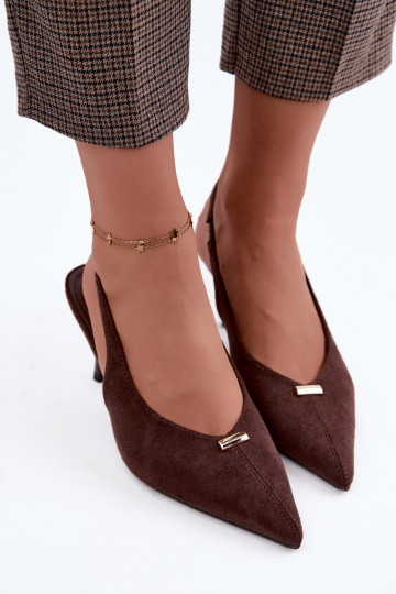 Open heel schoenen met gouden details en dunne hakken in chocoladekleur Renisa
