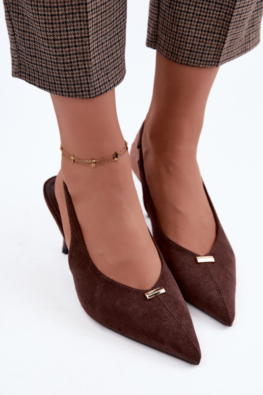 Open heel schoenen met gouden details en dunne hakken in chocoladekleur Renisa