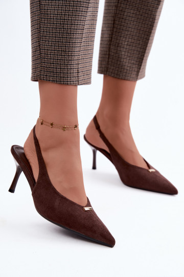 Open heel schoenen met gouden details en dunne hakken in chocoladekleur Renisa 2