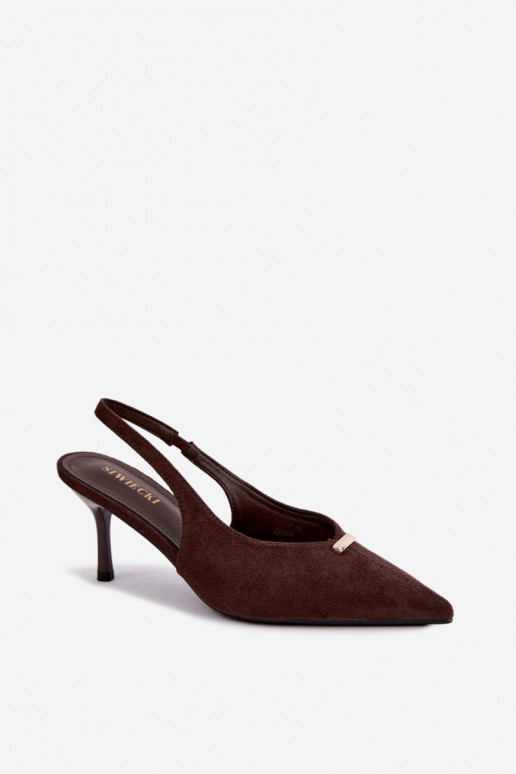 Open heel schoenen met gouden details en dunne hakken in chocoladekleur Renisa